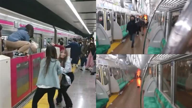 東京地鐵列車到站後乘客爬窗逃生。（圖／翻攝自災害火災画像速報ニュース2推特）