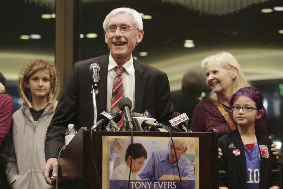 State Superintendent Tony Evers speaks at an election night party surrounded by his family at the Park Hotel in Madison, Wis., after he is re-elected , Tuesday, April 4, 2017. (Photo: Amber Arnold/Wisconsin State Journal via AP)