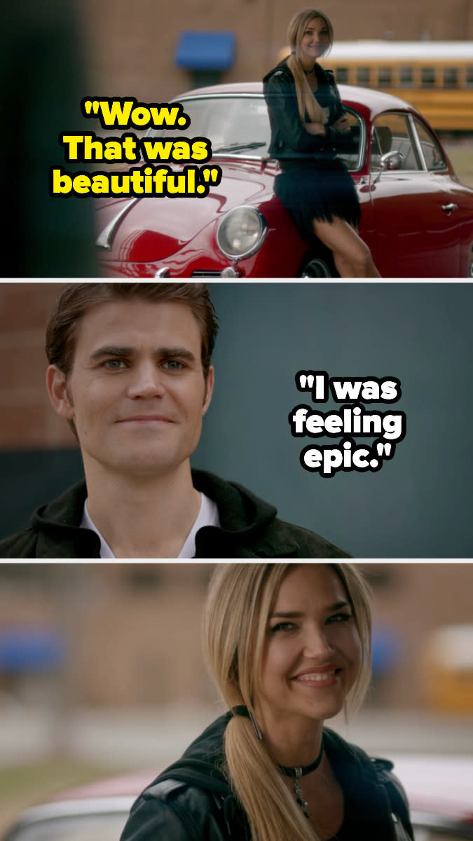 Lexi, standing by Stefan's car, says "that was beautiful" and Stefan replies "I was feeling epic"