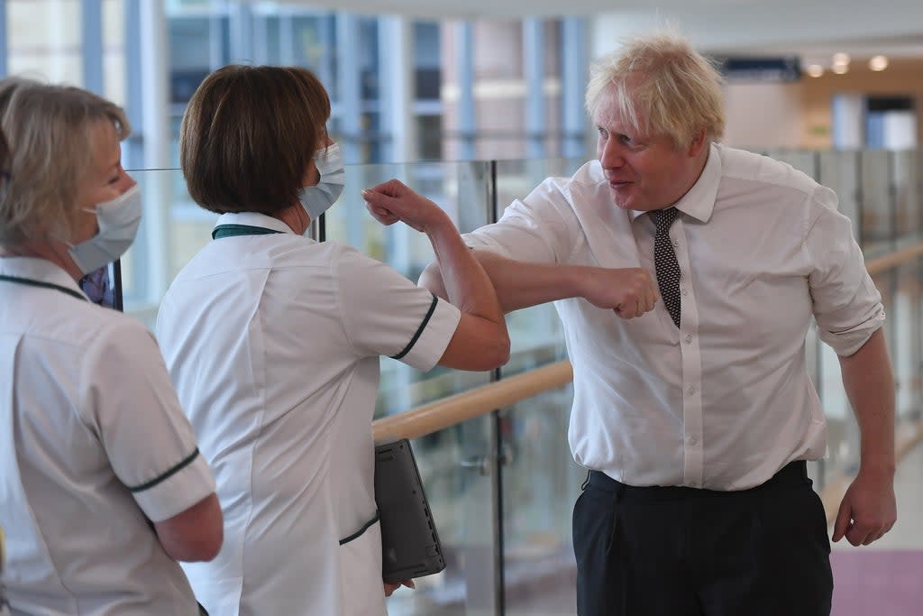 Prime Minister Boris Johnson meets medical staff during a visit to Hexham General Hospital in Northumberland (Peter Summers/PA) (PA Wire)