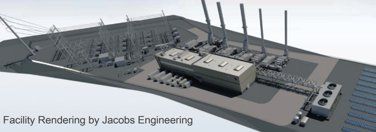 A rendering of a proposed new fossil fuel power plant called Transitgrid that would be a backup energy source for  NJ Transit in Kearny.