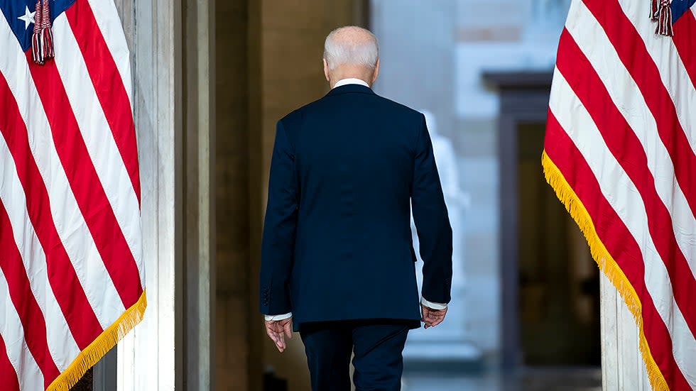 President Joe Biden leaves Statuary Hall of the U.S Capitol in Washington, D.C. on Thursday, January 6, 2022 after giving remarks to mark the one year anniversary of the attack on the Capitol.