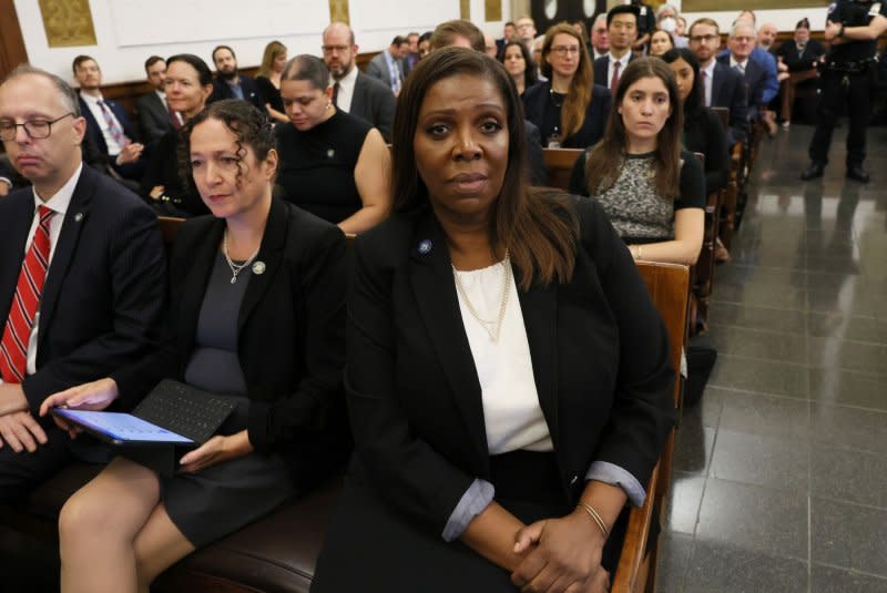 New York Attorney General Letitia James waits as the civil fraud trial of former President Donald Trump begins on Monday. Photo by Brendan McDermid/UPI