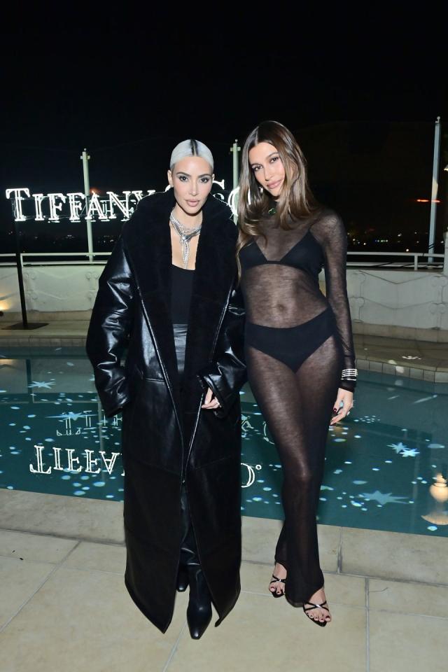 Hailey Bieber Wore Sheer Black Tights with a YSL Coat and Dress