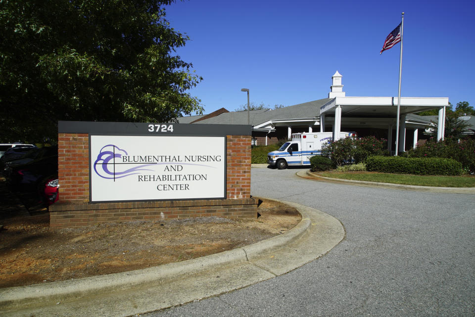 This Thursday, Sept. 23 2021 photo shows the Blumenthal Nursing and Rehabilitation Center in Greensboro, N.C. In January 2019, it had a staffing level above the benchmark used by many experts, earning four stars out of five under Medicare’s staffing ratings. But it fell about 12% in the year that followed, even more in the first year of the pandemic, and still more in the months since. By June, the facility’s staffing was down 15% from the start of 2020, and 25% from the start of 2019. (AP Photo/Allen G. Breed)