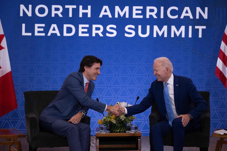 President Joe Biden meets with Canadian Prime Minister Justin Trudeau in Mexico City, on Tuesday during the North American summit.