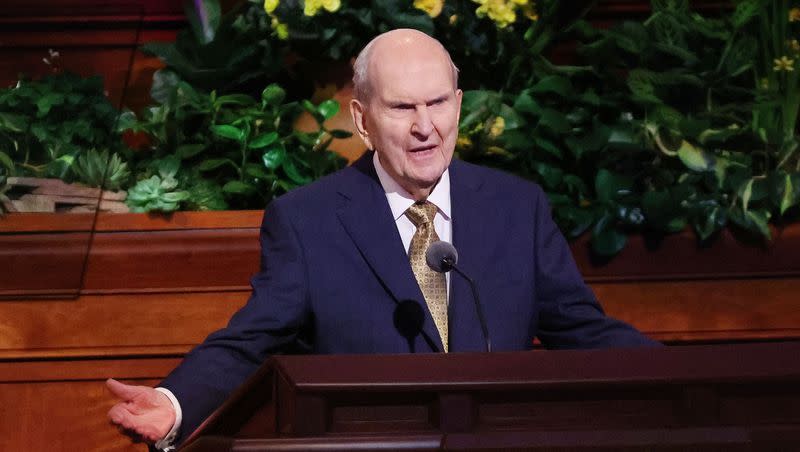 President Russell M. Nelson of The Church of Jesus Christ of Latter-day Saints speaks during the 193rd Annual General Conference of The Church of Jesus Christ of Latter-day Saints in Salt Lake City on Sunday, April 2, 2023.