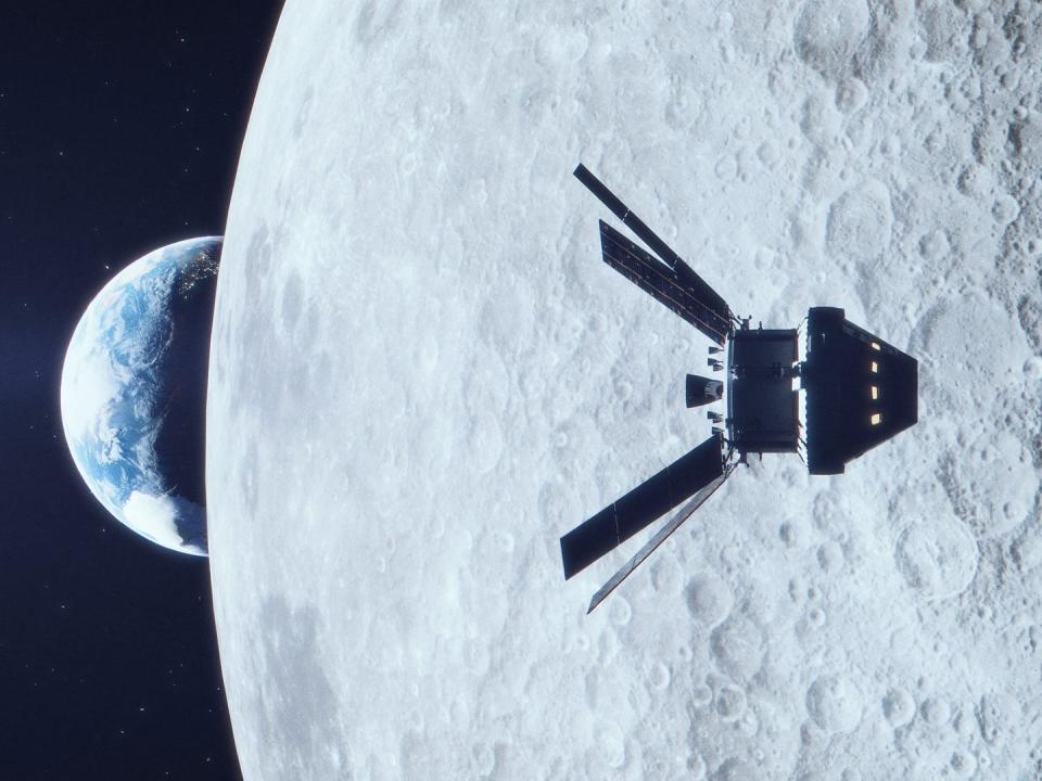 illustration shows spaceship with solar panel wings flying past the far side of the moon with earth in the distance