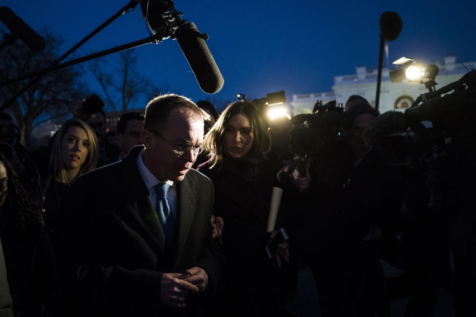 <p>Reporters and members of the media swarm Office of Management and Budget Director Mick Mulvaney as he talks about a possible government shutdown at the White House in Washington, D.C., on Friday, Jan. 19, 2018. (Photo: Jabin Botsford/The Washington Post via Getty Images) </p>