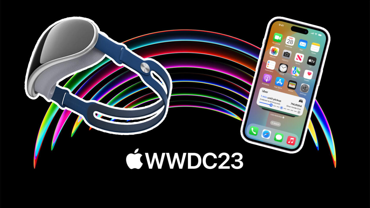  Apple WWDC 2023 invite with an iPhone 14 Pro and Apple VR headset render over the top 