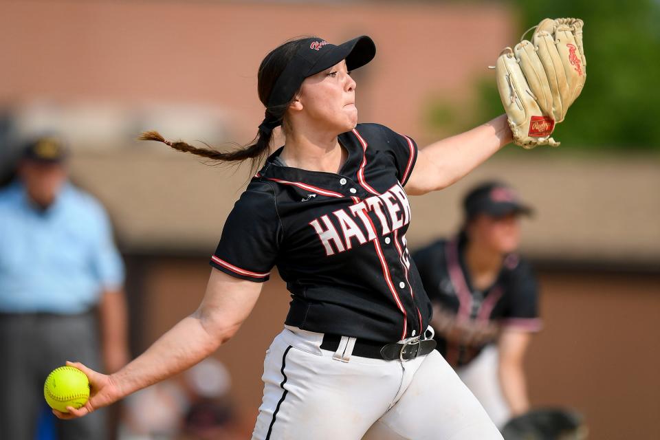 Hatboro-Horsham starting pitcher Alyssa Tooley delivers during the bottom of the first inning Wednesday against Gwynedd Mercy. The Hatters prevailed 16-5 in the district playoff game.