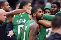 Oct 17, 2017; Cleveland, OH, USA; Boston Celtics guard Kyrie Irving (11) yells at fans after Boston Celtics forward Gordon Hayward injured his ankle during the first half at Quicken Loans Arena. Mandatory Credit: Ken Blaze-USA TODAY Sports