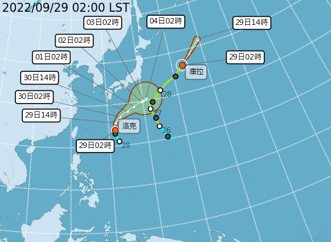 輕颱「洛克」朝日本南方海面前進，不過動向的「不確定性」擴大，但對台無影響。   圖：翻攝自中央氣象局