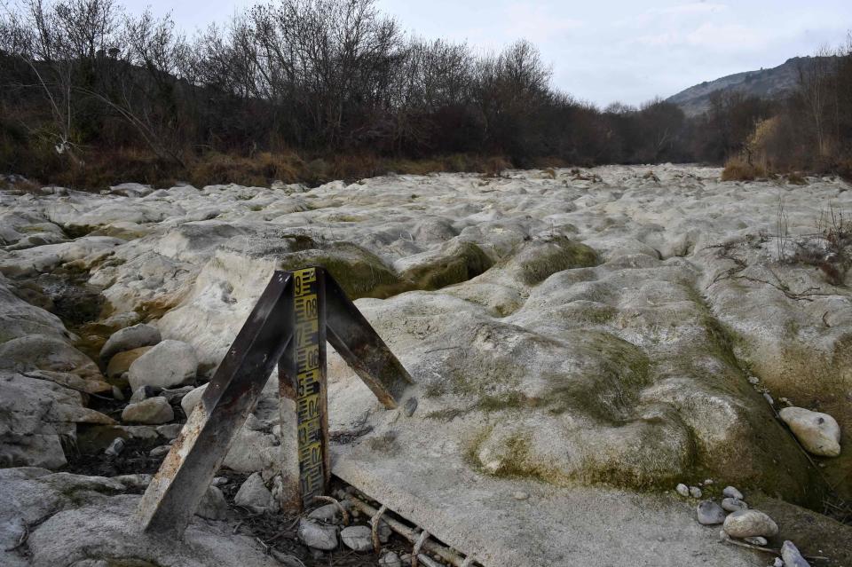 This photograph taken on February 23, 2023, shows the dry river bed of the Agly river, the main river of the catchment area on the outskirts of Estagel, southern France. -