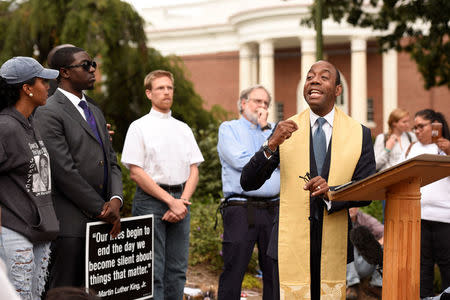 Former president of National Association for the Advancement of Colored People (NAACP) Cornell William Brooks speaks before "Charlottesville to D.C: The March to Confront White Supremacy," a ten-day trek to the nation's capital from Charlottesville, Virginia, U.S. August 28, 2017. REUTERS/Sait Serkan Gurbuz