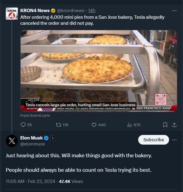 Elon Musk replied to KRON4’s news story about a San Jose pie bakery on Feb. 23, 2024. (Image via X)