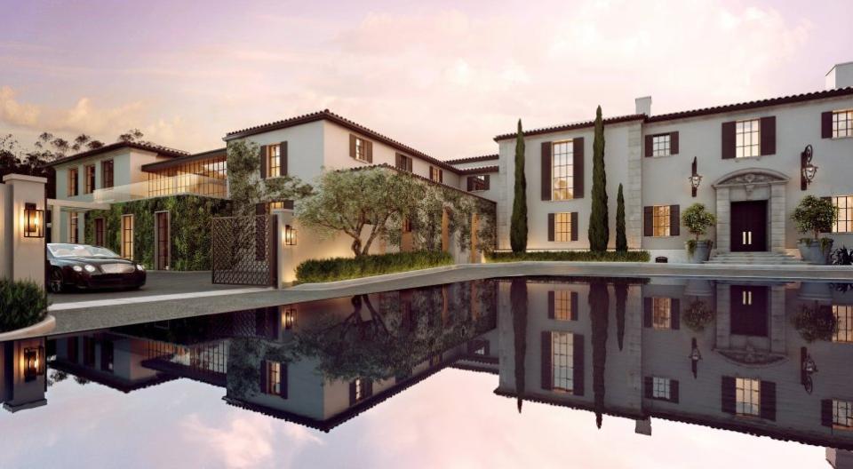 An image of Owlwood Estate showing the pool and the mansion's exterior. There is a Mercedes parked at the entrance to the home. Source: Compass