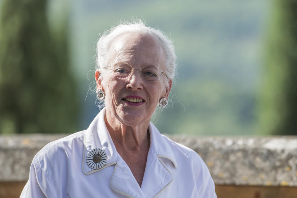 FILE - Denmark's Queen Margrethe attends a press conference at her Chateau de Caix residence near Cahors, southwestern France, Thursday, Aug.16, 2018. Denmark’s popular monarch, Queen Margrethe II, has said that the “strong reactions” to her decision to strip the royal titles from four of her grandchildren have affected her, sparking reports in the Danish press of tense relations within Europe’s oldest ruling monarchy. (AP Photo/Fred Lancelot, File)