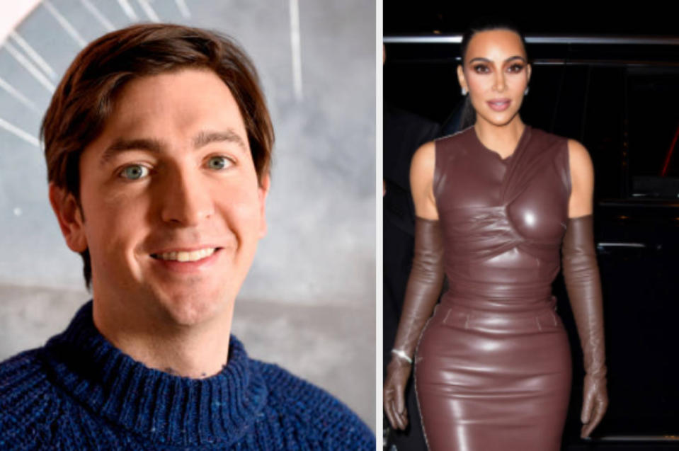 left: Nicholas Braun poses at the SAGIndie Actors Only Brunch at the Sundance Film Festival  in January 2020, right: Kim Kardashian walks in Manhattan in November 2021