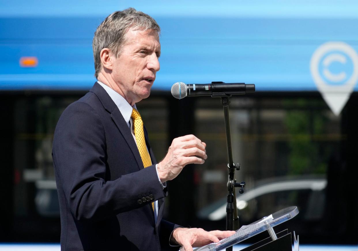 Wauwatosa Mayor Dennis McBride speaks during the ribbon cutting ceremony marking the start of the $55 million 9-mile CONNECT 1 East-West Bus Rapid Transit line on Monday, June 5, 2023. McBride faces alderperson Andrew Meindl in his run for reelection as mayor April 2.