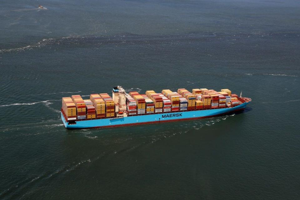 An aerial view of a Maersk shipping container cargo ship in San Francisco Bay on May 30, 2023 in San Francisco, California.