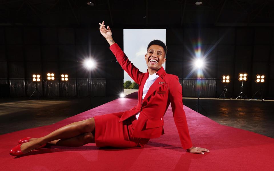 Tyreece Nye model the iconic Virgin Atlantic uniforms to celebrate the change in the brandâ€™s gender identity policy, which champions individuality - Joe Pepler/PinPep