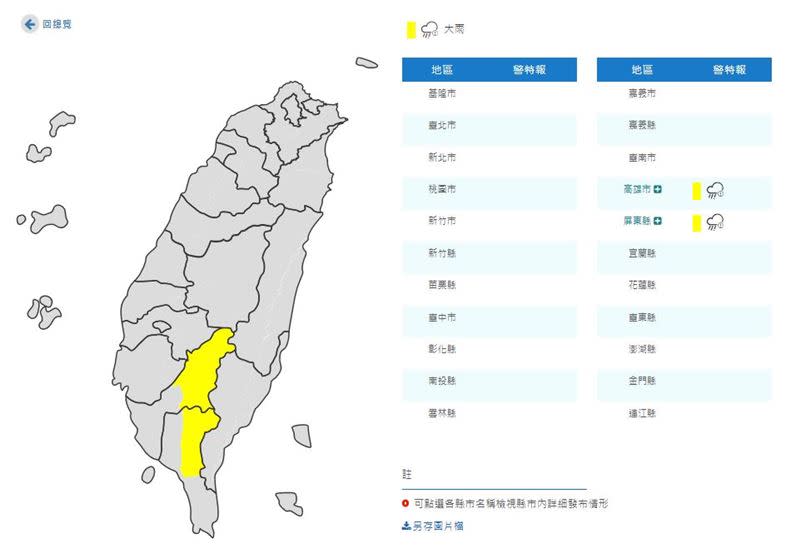 2縣市大雨特報。（圖／翻攝自中央氣象局）