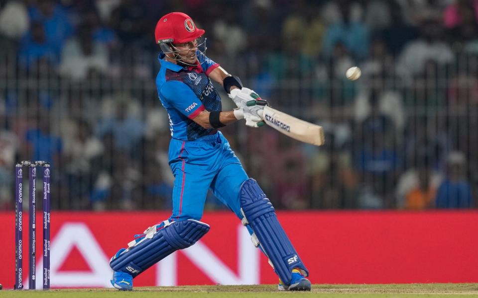 Afghanistan's Rahmanullah Gurbaz plays a shot during the ICC Men's Cricket World Cup match between Pakistan and Afghanistan in Chennai, India, Monday, Oct. 23, 2023