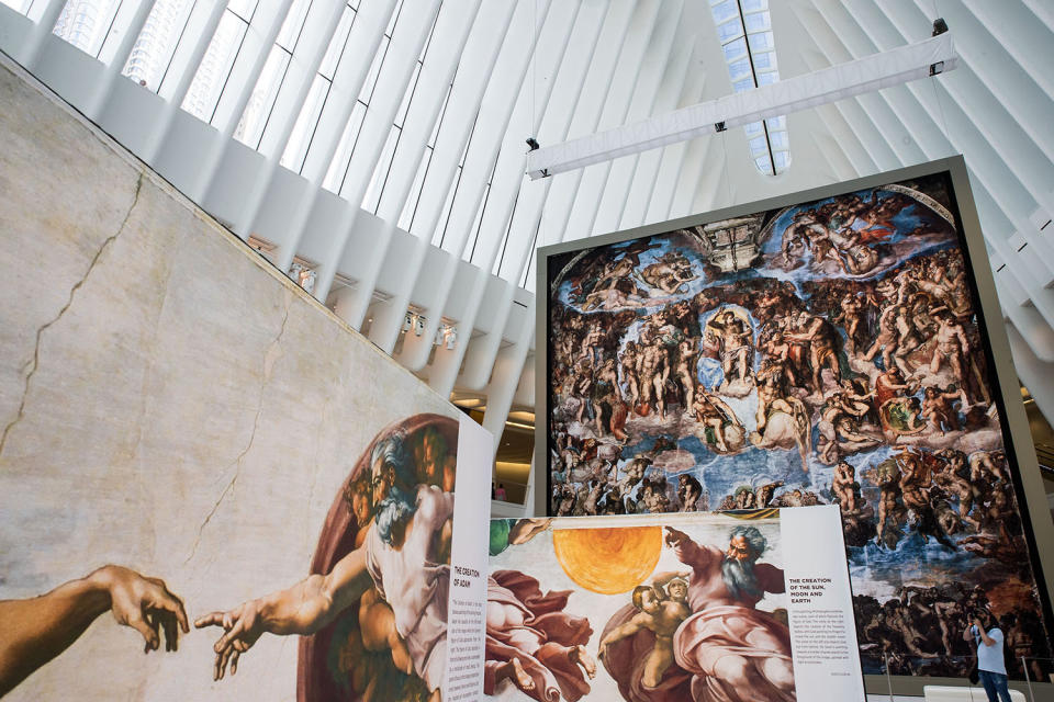 <p>Replicas of Michelangelo’s Sistine Chapel frescoes are displayed inside of the Oculus at the World Trade Center Transportation Hub in New York City. The exhibit contains 34 nearly life-size copies of the Sistine Chapel frescoes in Rome. (Photo by Drew Angerer/Getty Images) </p>