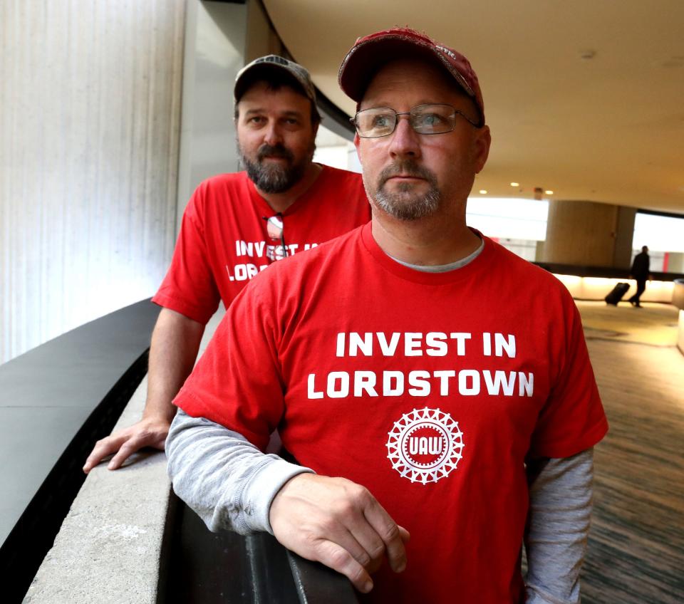 From left: Bill Goodchild and Justin Brown both of Local 1112 from Lordstown Assembly Plant in Lordstown, Ohio at the Renaissance Center in downtown Detroit on Thursday, Oct. 17, 2019.