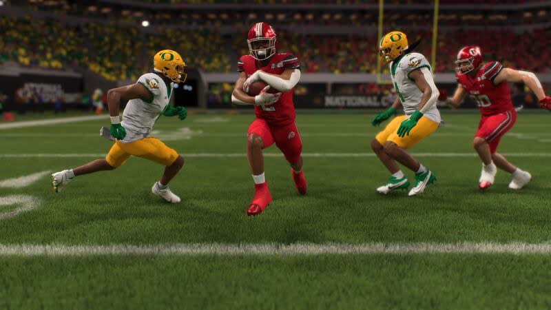 Two Oregon defenders try to tackleUtah running back Micah Bernard in the new EA Sports College Football 25 video game. In 100 season simulations performed by the Deseret News, Oregon won the national championship 20 times. | EA Sports College Football 25