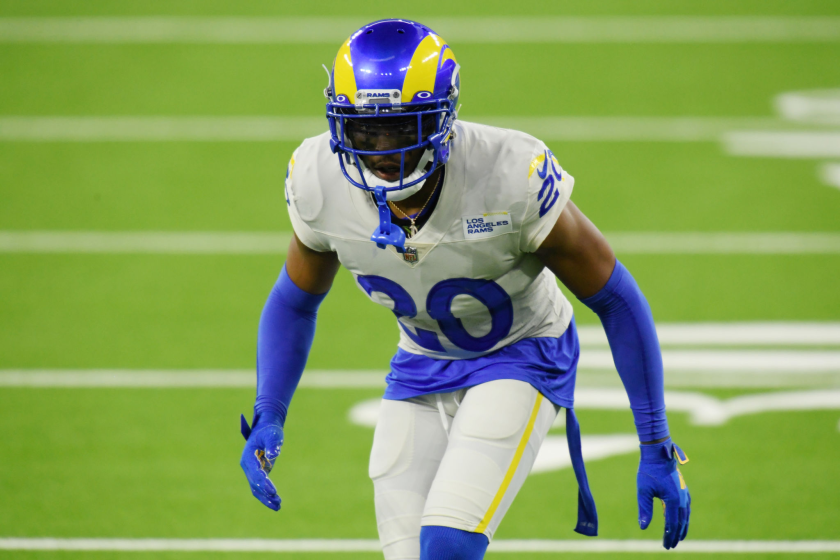 Jalen Ramsey #20 of the Los Angeles Rams lines up on defense.