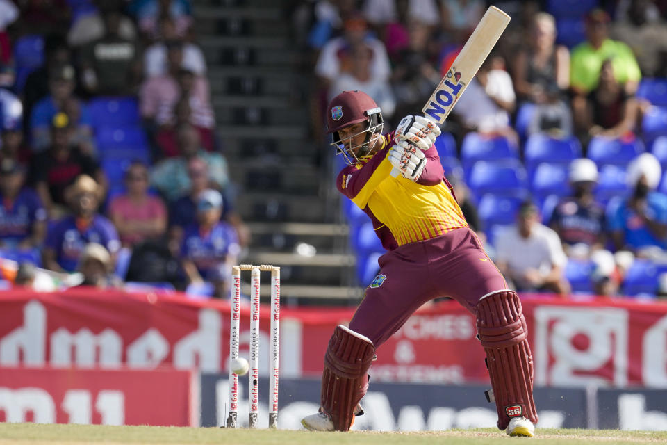 West Indies' Brandon King plays a shot from the bowling of India's Hardik Pandya during the second T20 cricket match at Warner Park in Basseterre, St. Kitts and Nevis, Monday, Aug. 1, 2022. (AP Photo/Ricardo Mazalan)