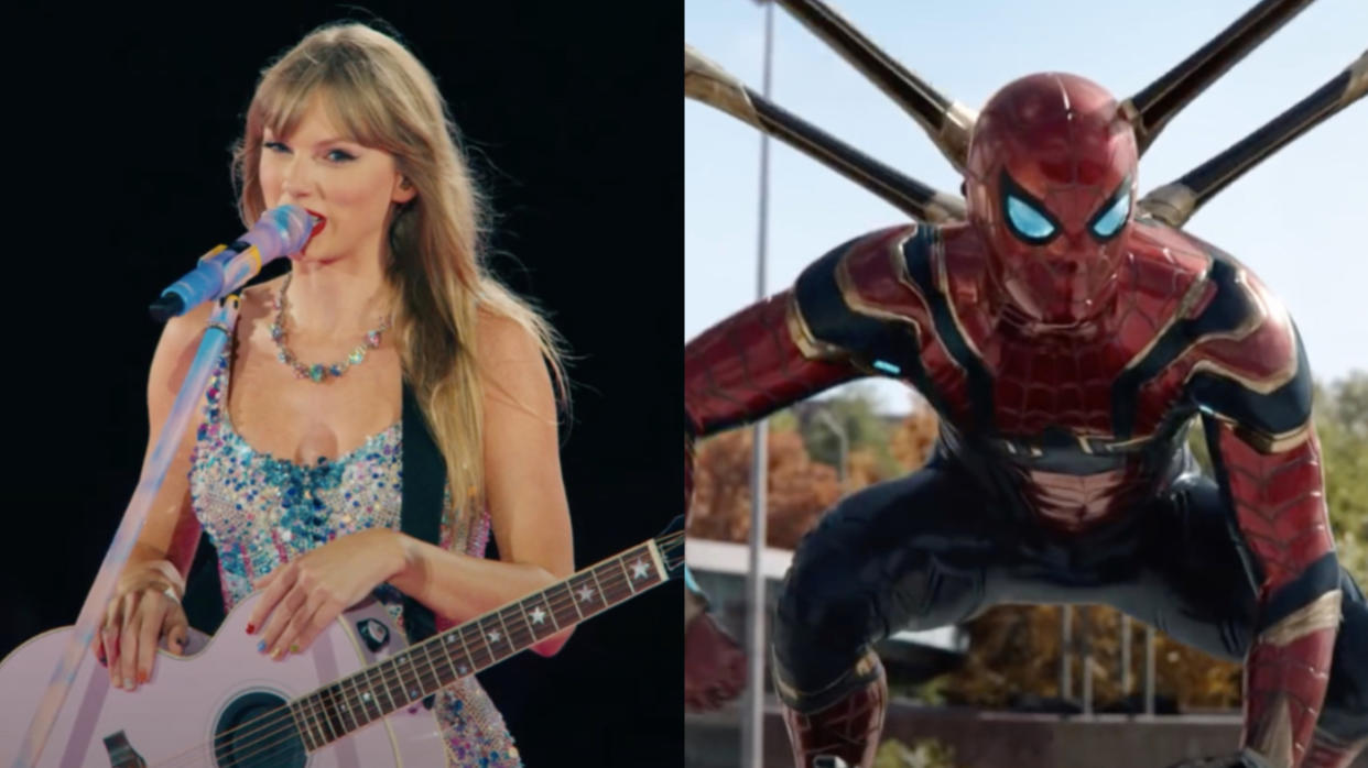  Taylor Swift in her Eras Tour Concert film/ Spider-Man in leg suit in Spider-Man: No Way Home (side by side) 