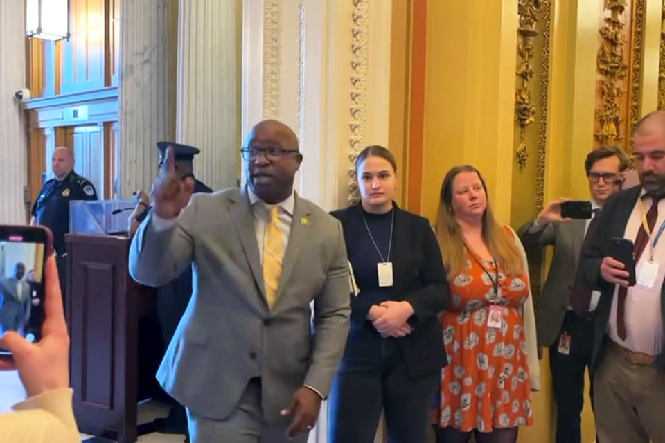 Rep. Jamaal Bowman, D-N.Y., speaks about gun violence off House floor at the U.S. Capitol, on March 29, 2023. (NBC News)