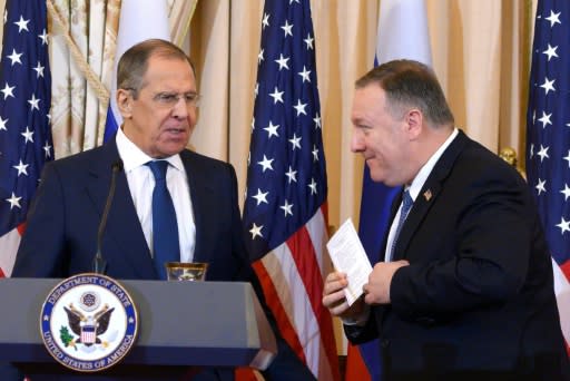 US Secretary of State Mike Pompeo (R) voiced hope for more productive ties with Russia but made clear that the two powers had plenty of disagreements and warned Foreign Minister Sergei Lavrov (L) about 2020 election integrity