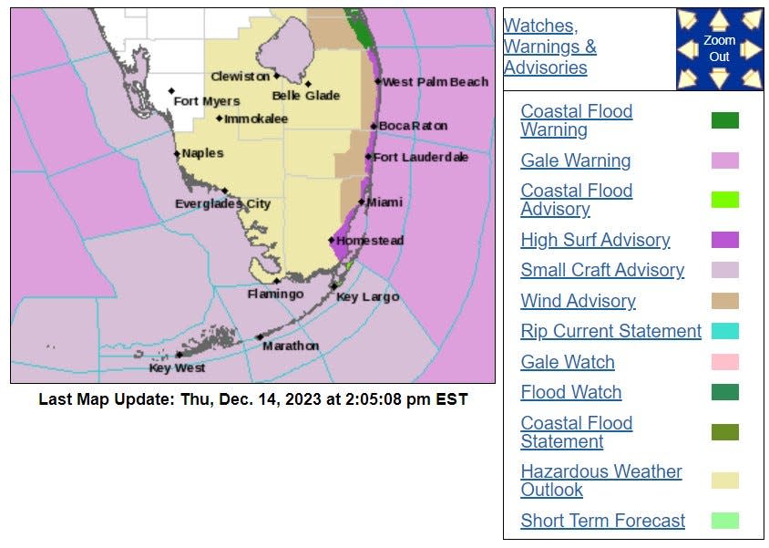 The National Weather Service in Miami has issued a small craft advisory for all south Florida waters between now and Sunday. A strong low-pressure system is working its way off the Gulf of Mexico and across the Sunshine State during and El Nino phase.