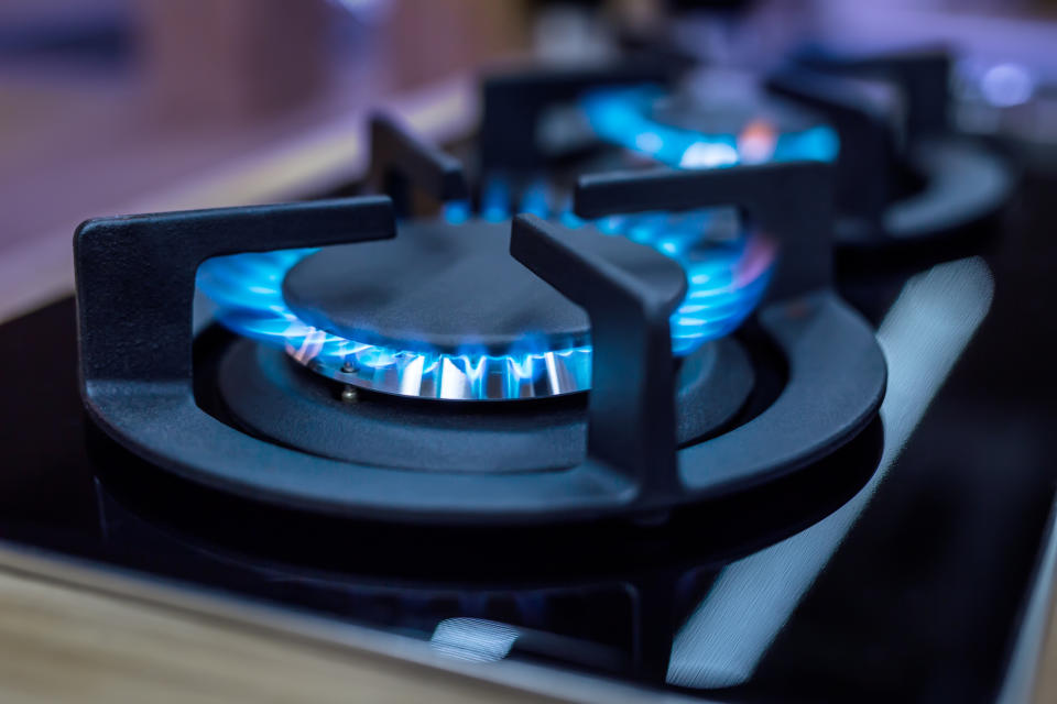 Natural gas flames on a stove cooktop.