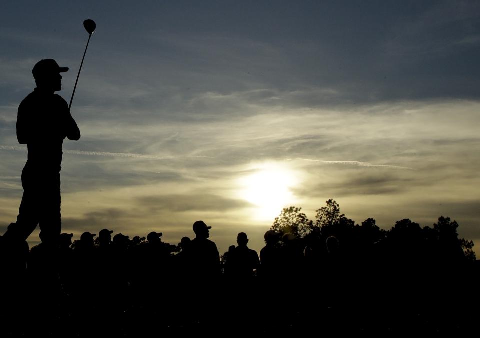 Brooks Koepka drives on the 18th hole during the first round for the Masters golf tournament Thursday, April 11, 2019, in Augusta, Ga. (AP Photo/Charlie Riedel)