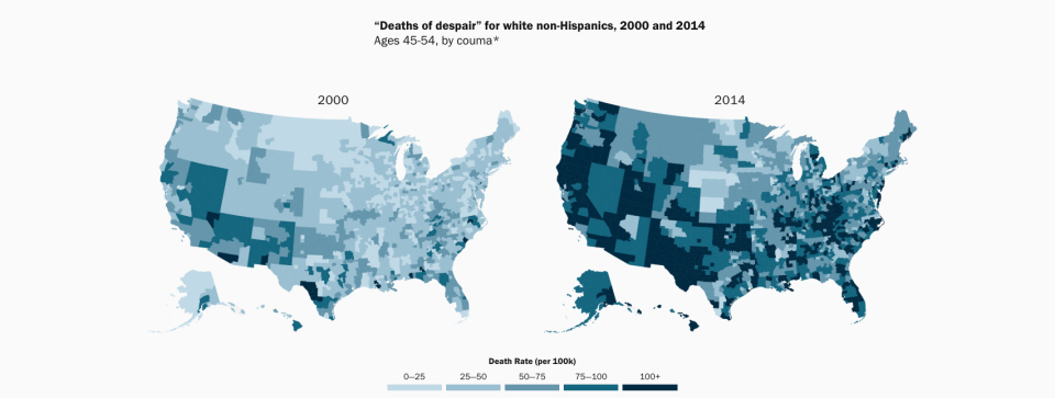 “Deaths of despair” for white non-Hispanics, 2000 and 2014