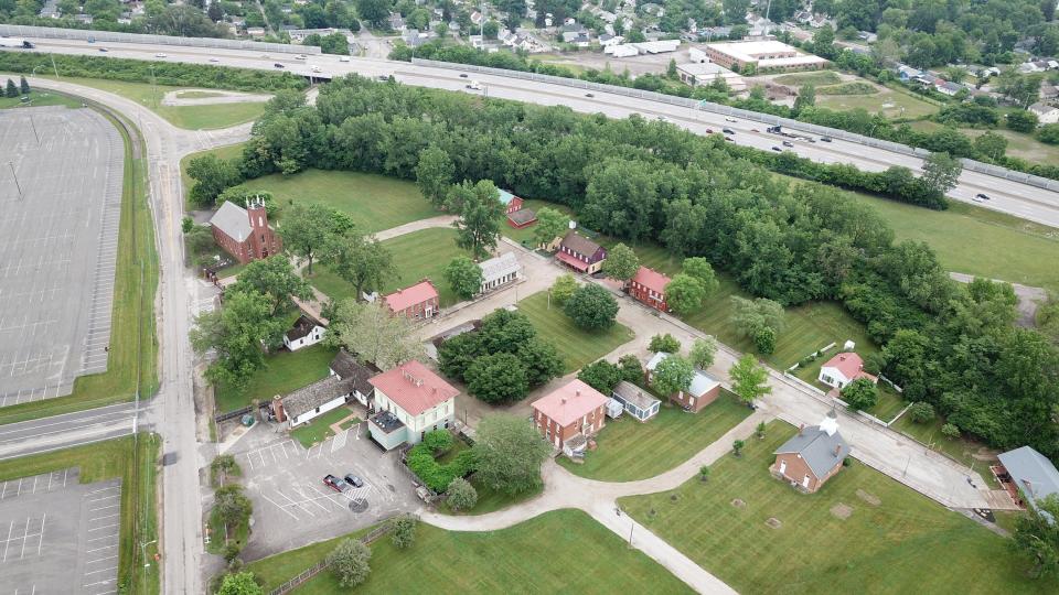 The Ohio Village is part of the Ohio History Connection. I-71 wraps around the attraction at the top of the photograph. 