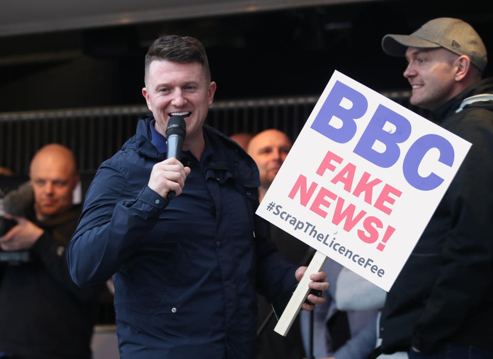 Backers of the former leader of the English Defence League gathered outside the broadcaster's base in Salford for a demonstration.