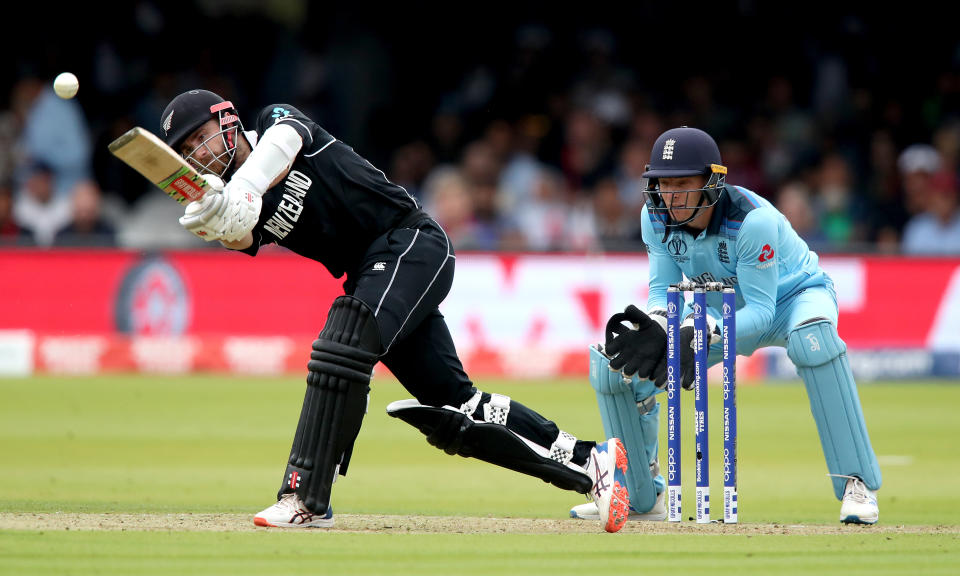 New Zealand's Kane Williamson (left) in batting action as England's wicketkeeper Jos Buttler looks on during the ICC World Cup Final at Lord's, London.