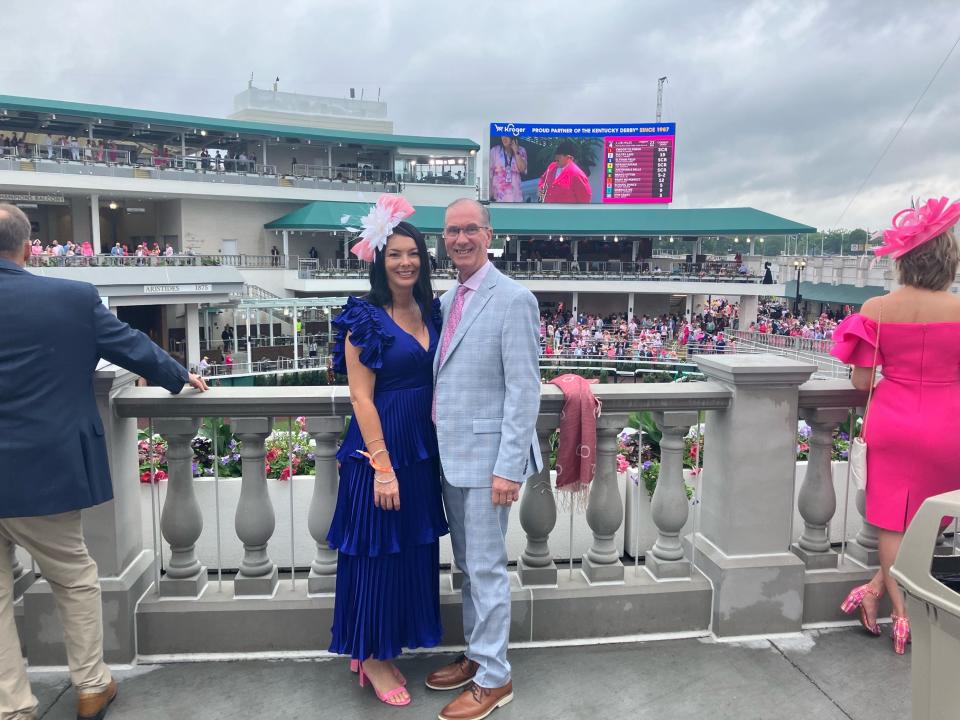 Angela and Tony Schmidt from Scott County, Ky., attend Kentucky Oaks at Churchill Downs on Friday, May 3, 2024. (Maggie Menderski, Courier Journal)