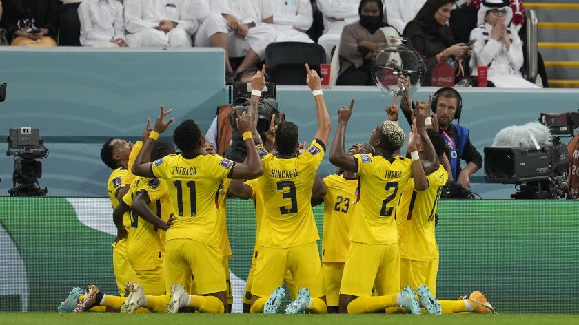 Ecuador celebrates their opening goal by Enner Valencia during the World Cup, group A soccer match between Qatar and Ecuador at the Al Bayt Stadium in Al Khor, Sunday, Nov. 20, 2022. (AP Photo/Natacha Pisarenko)