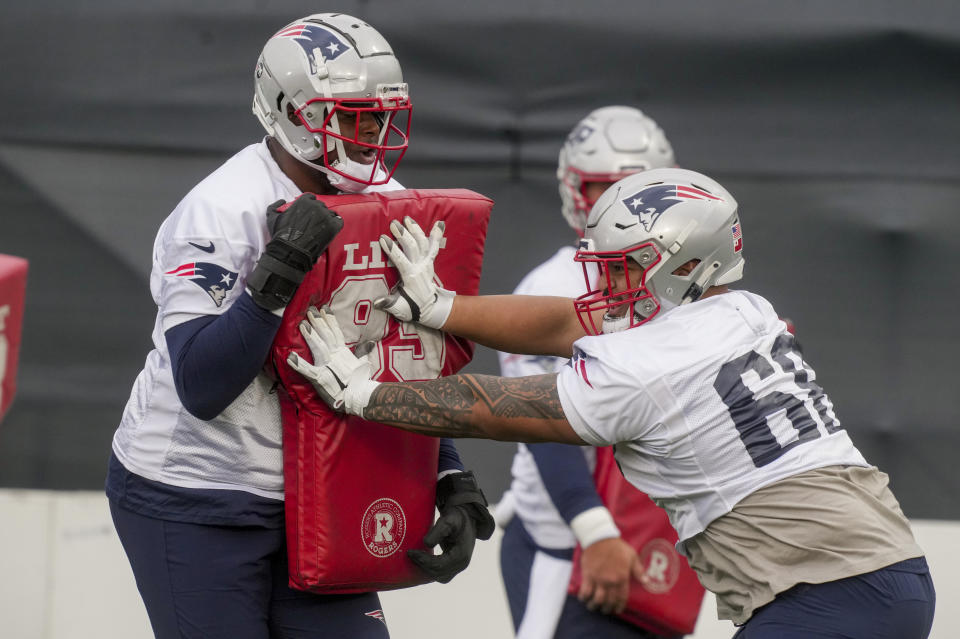 New England Patriots players attend a practice session in Frankfurt, Germany, Friday, Nov. 10, 2023. The New England Patriots will play against the Indiana Colts in a NFL game on Sunday. (AP Photo/Michael Probst)