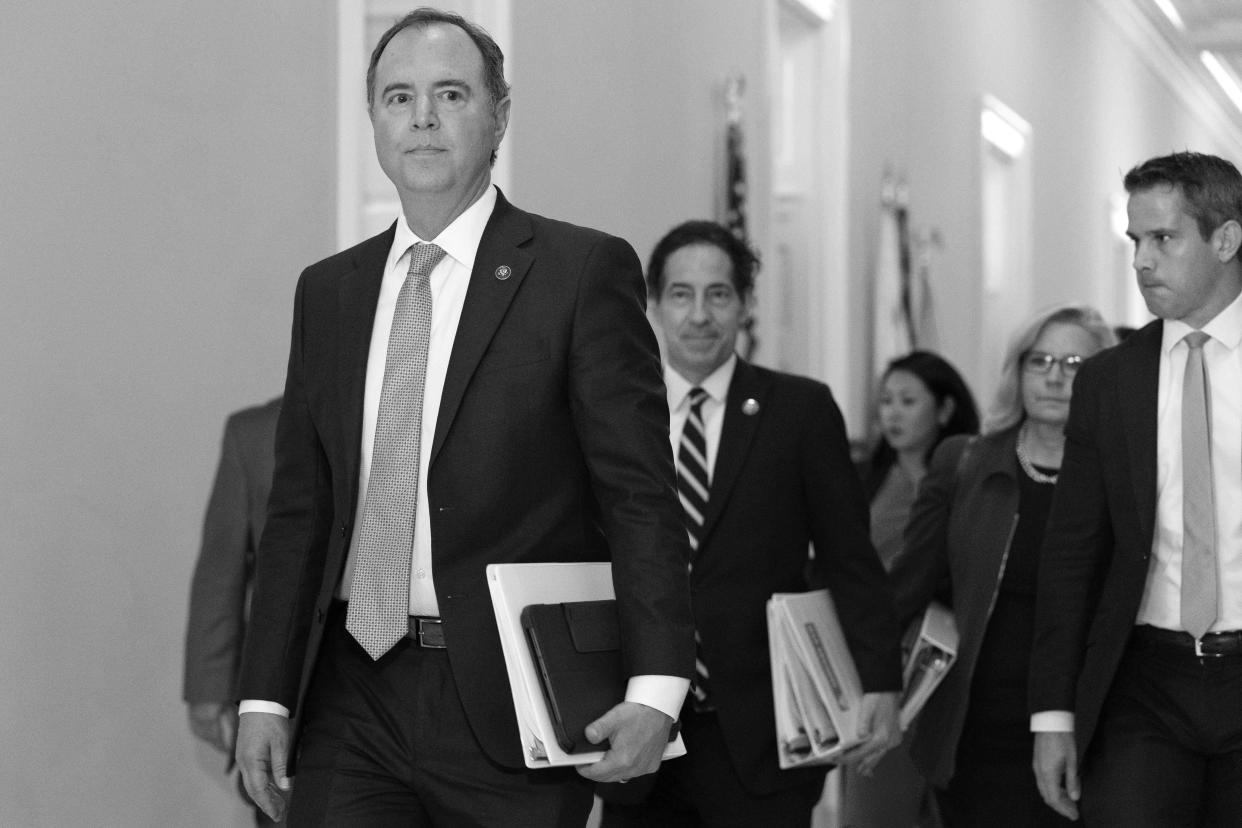 From left, Rep. Adam Schiff, D-Calif., Rep. Jamie Raskin, D-Md., Rep. Stephanie Murphy, D-Fla., Rep. Liz Cheney, R-Wyo., and Rep. Adam Kinzinger, R-Ill., arrive for a hearing on July 27, 2021, on Capitol Hill in Washington. (Jacquelyn Martin/AP)