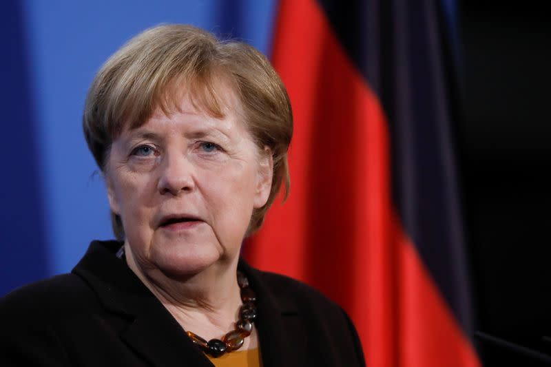 German Chancellor Angela Merkel briefs the media after a virtual meeting with federal state governors at the chancellery in Berlin