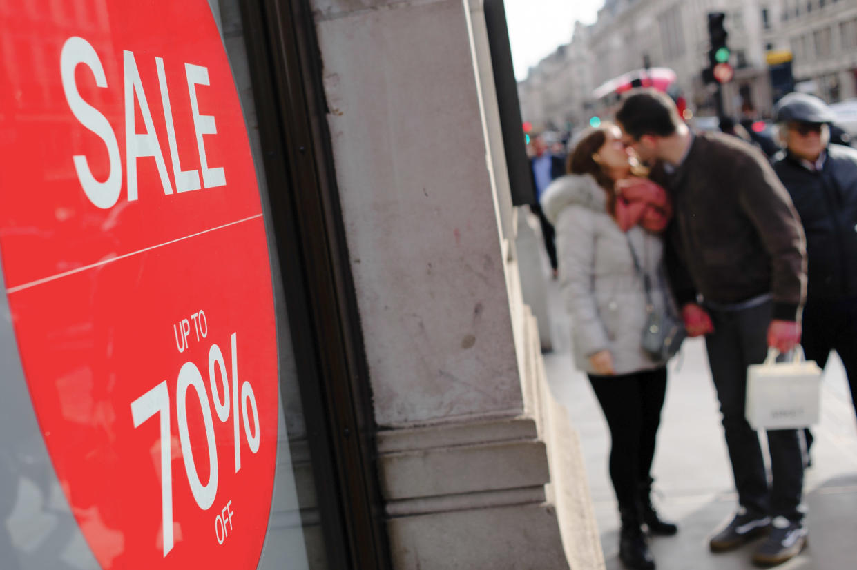 A sign seen advertising discounts on Regent Street in central London. February 15 sees the release of the first monthly retail sales figures of the year (for January) from the UK's Office for National Statistics. December figures revealed a 0.9 percent fall in sales from the month before, which saw a 1.4 percent rise widely attributed to the impact of 'Black Friday' deals encouraging earlier Christmas shopping. More generally, with a potential no-deal departure from the EU growing nearer and continuing to undermine consumer confidence in the UK, economy-watchers have little cause for optimism at present that any kind of turnaround for Britain's struggling retail sector might be on the horizon. (Photo by David Cliff / SOPA Images/Sipa USA) 