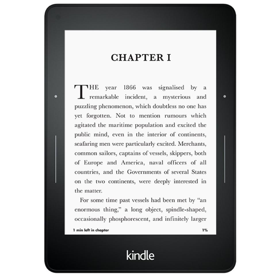 Kindle Voyage E-reader, $199.99, <a href="https://www.amazon.com/gp/product/B00IOY8XWQ/ref=s9_acss_bw_cg_odseac_3c1?pf_rd_m=ATVPDKIKX0DER&amp;pf_rd_s=merchandised-search-2&amp;pf_rd_r=55WKX3TATP75AG35NGQY&amp;pf_rd_t=101&amp;pf_rd_p=a63ab75b-f380-4961-bebd-5017cd2e8625&amp;pf_rd_i=6669702011" target="_blank">Amazon</a>